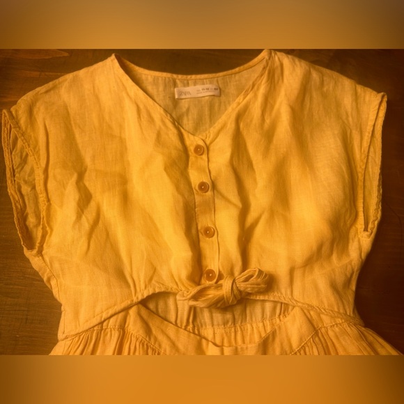 ZARA sz 11-12 years light yellow linen dress with front wait tie, button up - Picture 8 of 11